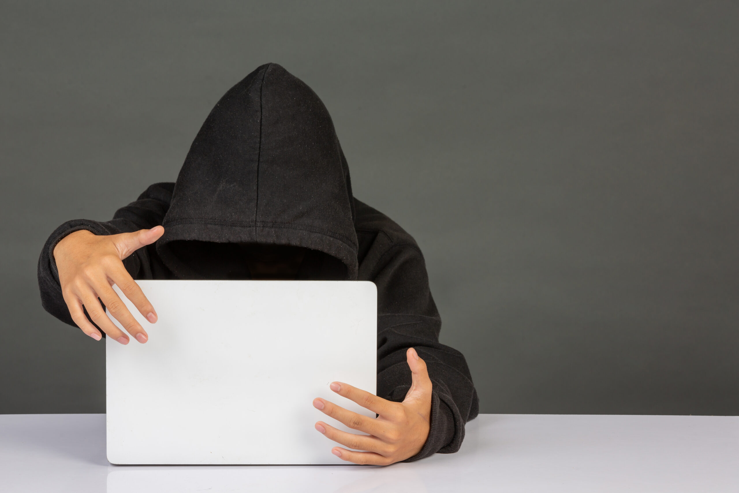 Hacker is sitting on his notebook's page and has a gray background.